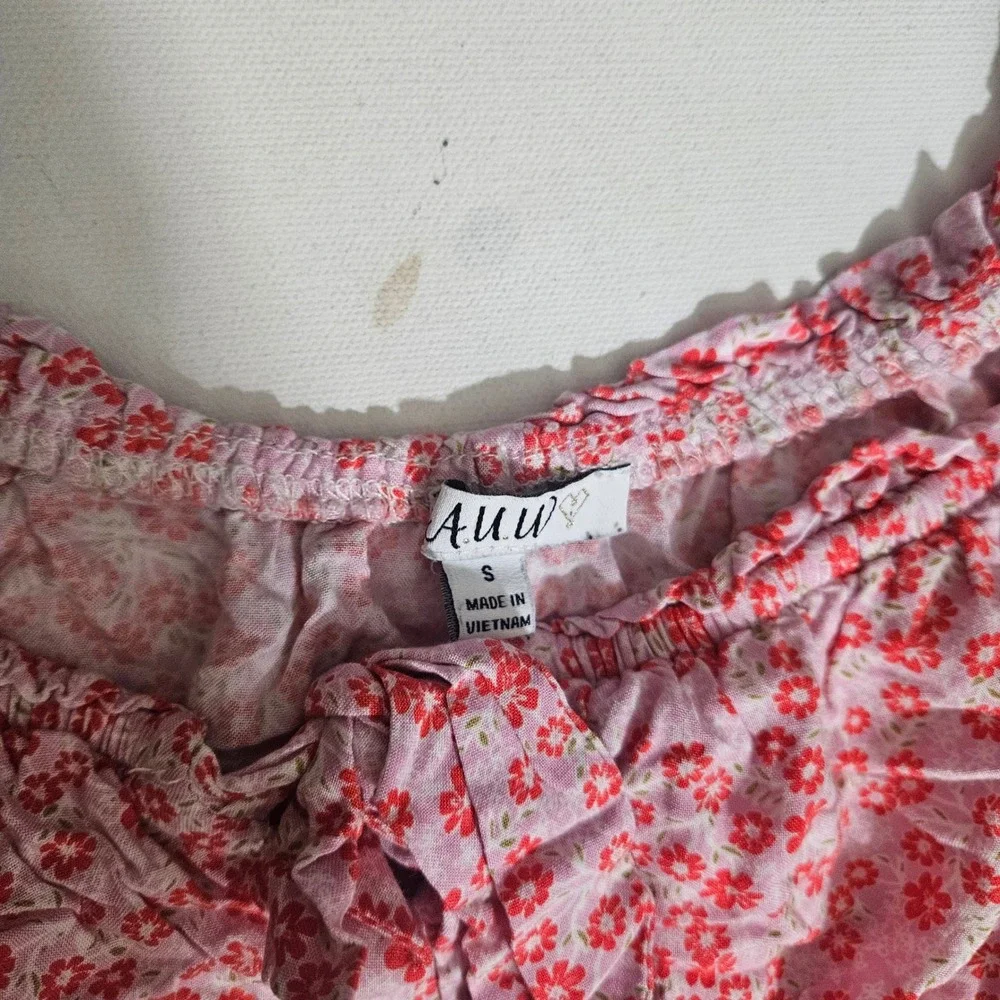 AUW Pink Red Floral Smocked Waist Romper Womens Small Ruffle Neck Short Sleeve